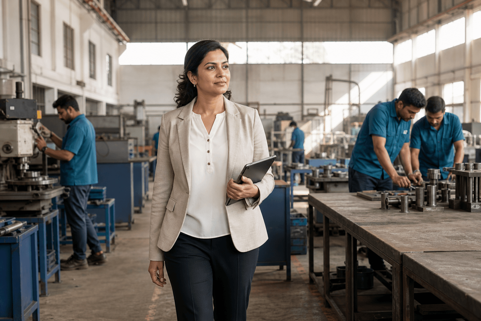An Indian business owner in her manufacturing workshop