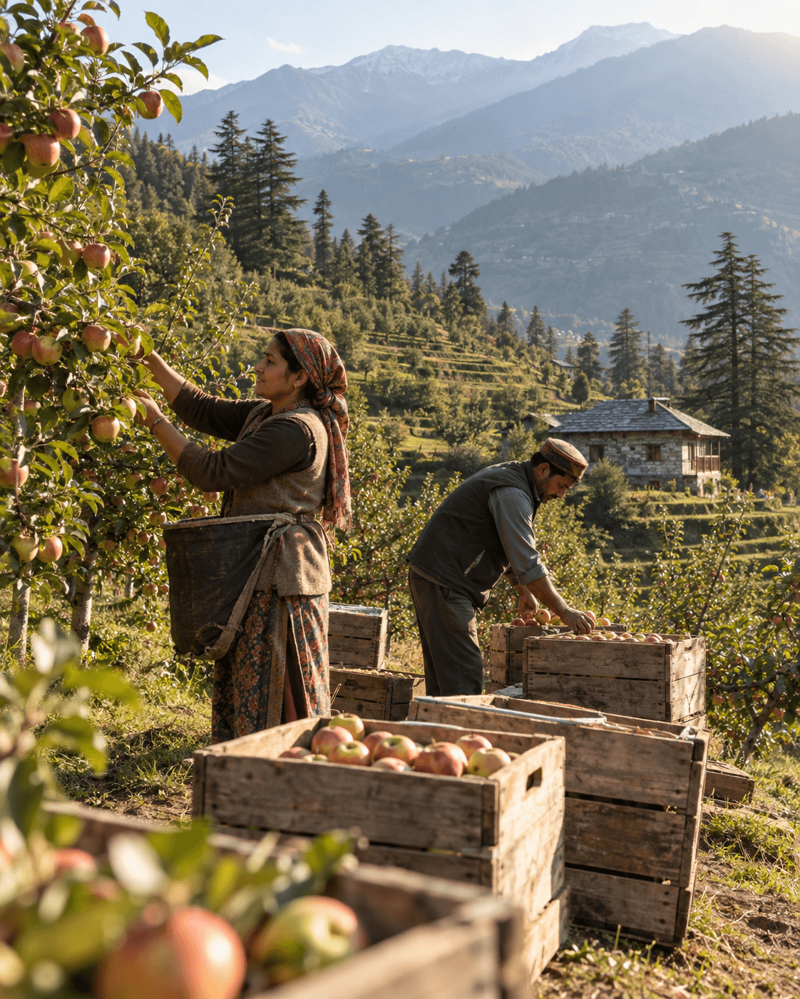 Illustrative Himachal orchard scene with workers gathering apples above a mountain valley