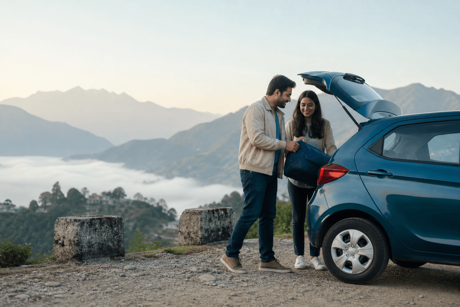 A couple preparing for a road trip