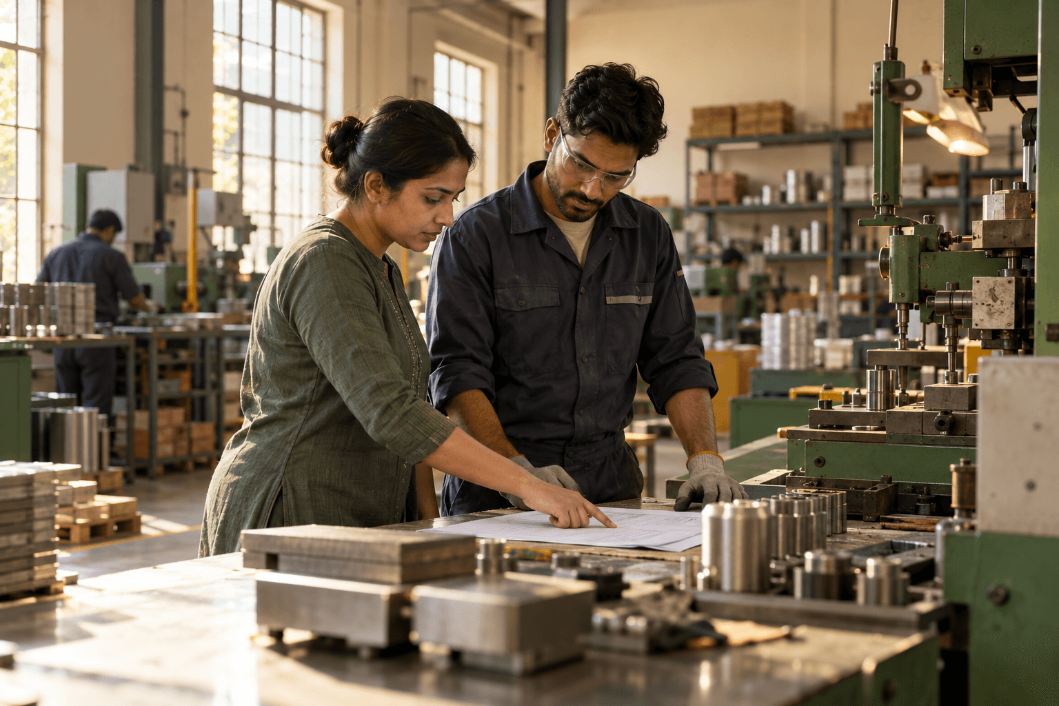 Illustrative manufacturing team reviewing a production sheet beside machinery