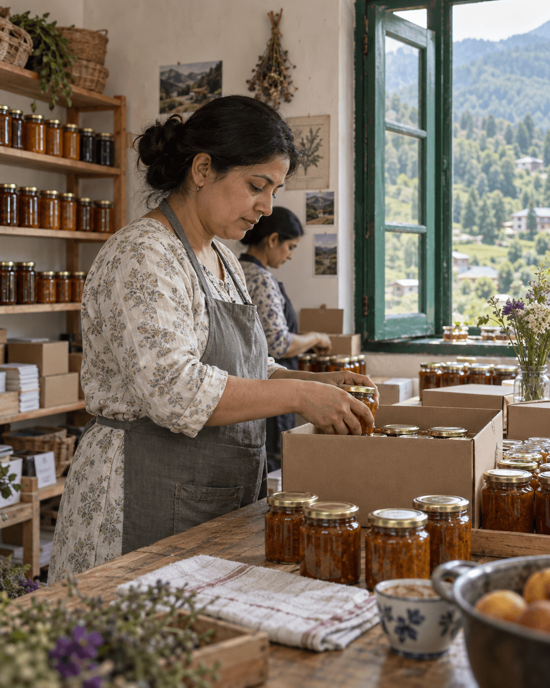 Illustrative small business owner carefully packing an order