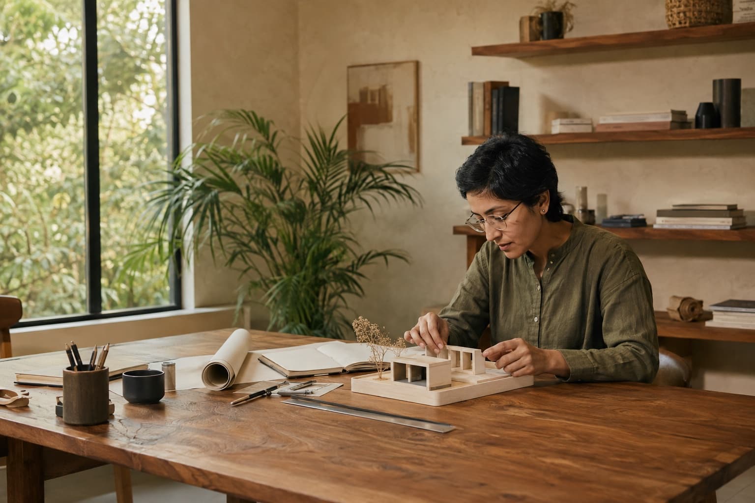 A professional working in a bright studio workspace